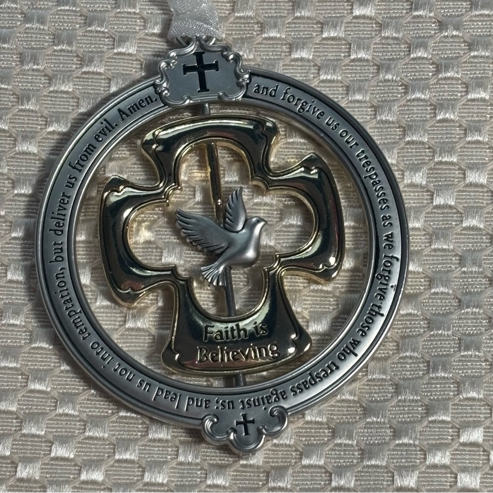 Religious Lord’s Prayer Metal Christmas Ornament with Dove on Ribbon - Picture 2 of 7